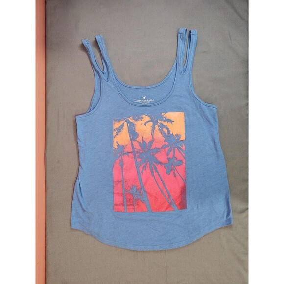 Women's American Eagle Palm Tree Graphic Tank Top Medium Blue - Picture 1 of 6